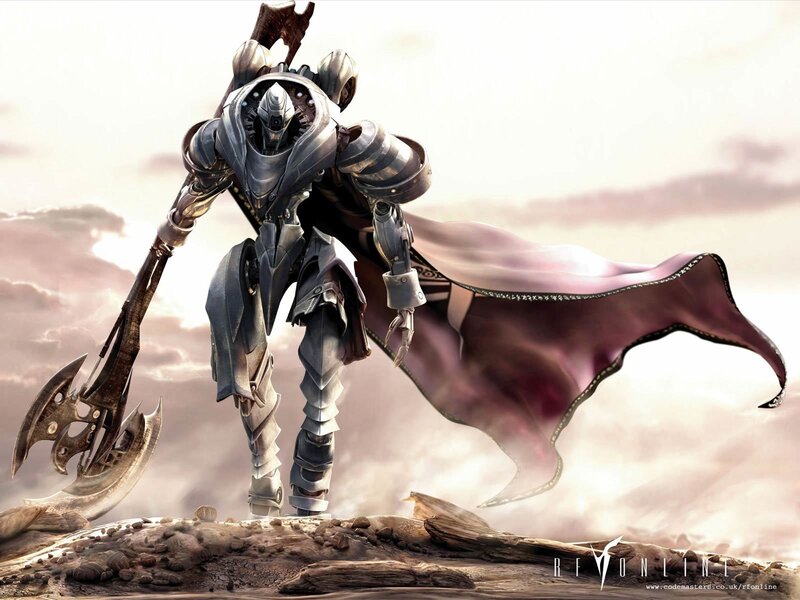 Mechanical Warrior with Axe — Gray, Dramatic, Sunset, Digital Art