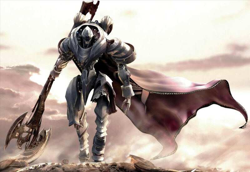 Mechanical Warrior with Axe — Gray, Dramatic, Sunset