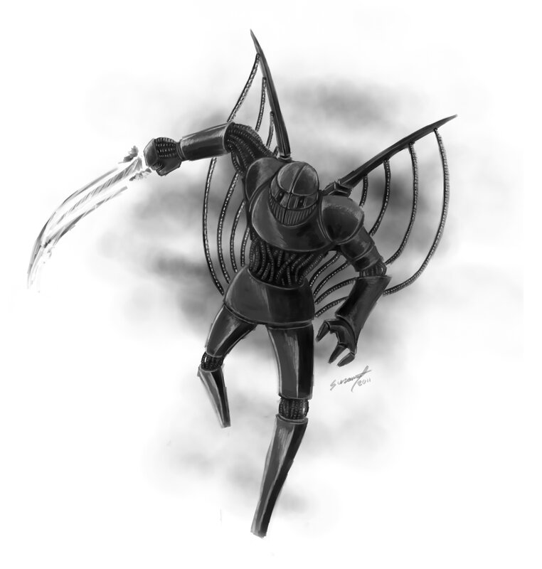 mechanical warrior with blades