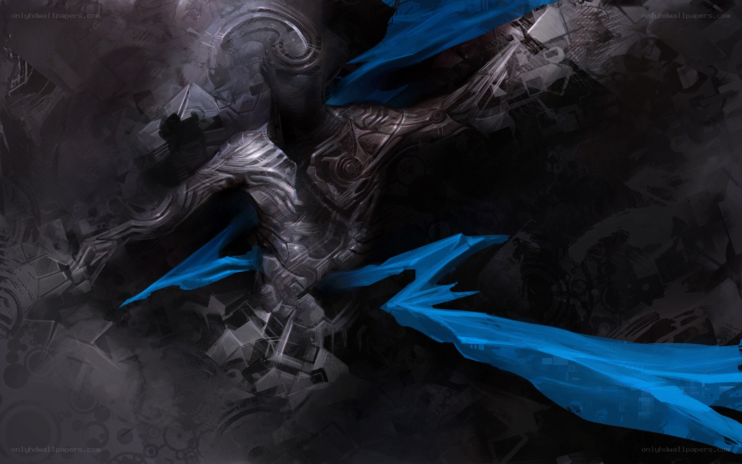mechanical warrior with blue wings