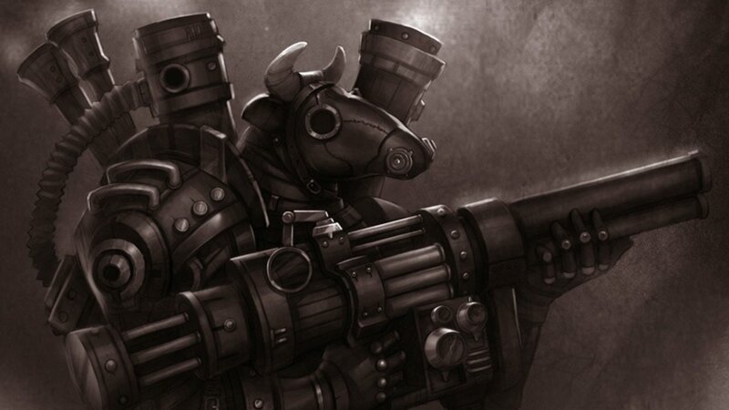 mechanical warrior with heavy weapon