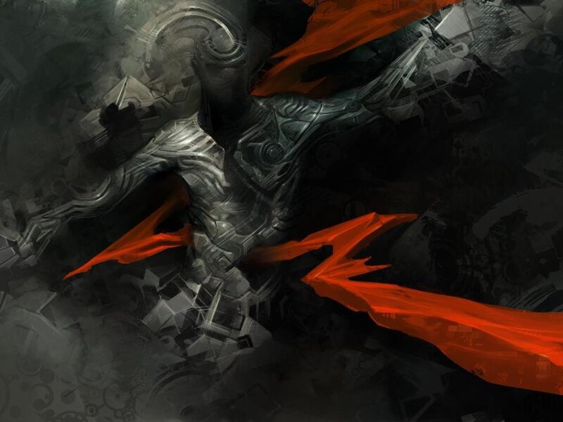 mechanical warrior with red cape