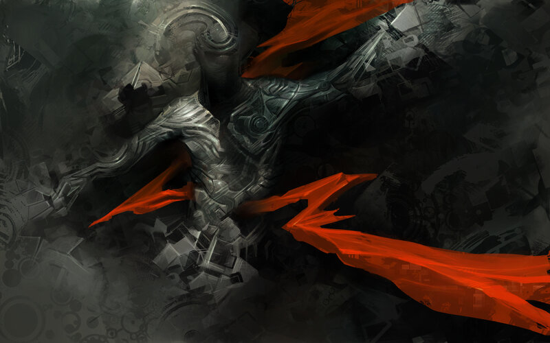 mechanical warrior with red cape