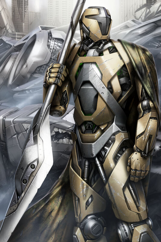 mechanical warrior with spear