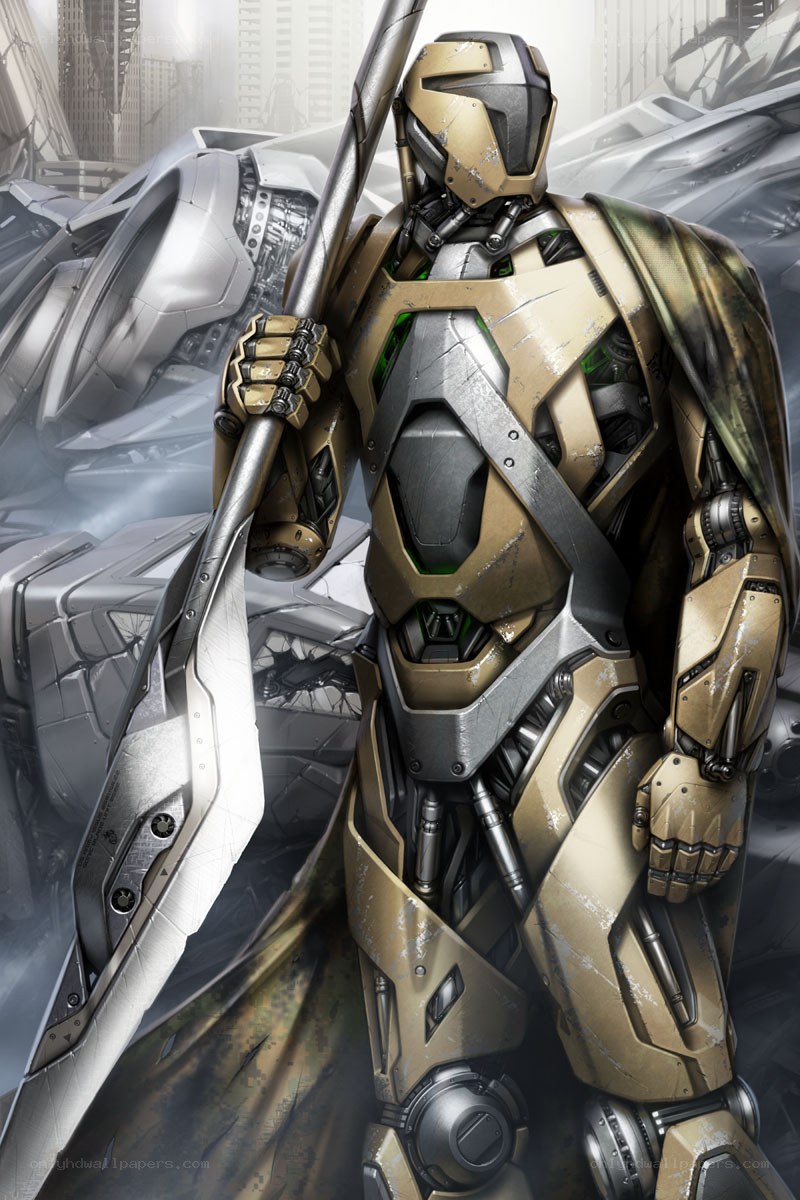 mechanical warrior with spear