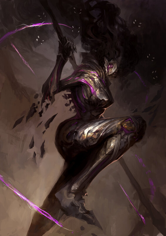 Mechanical Warrior with Staff — Black, Dramatic