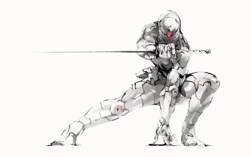 Mechanical Warrior with Sword — White, Dramatic