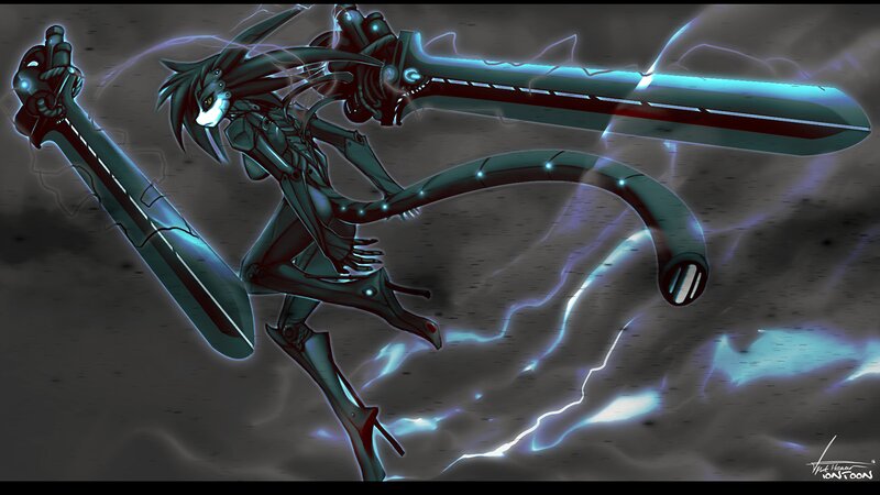 Mechanical Warrior with Swords — Blue