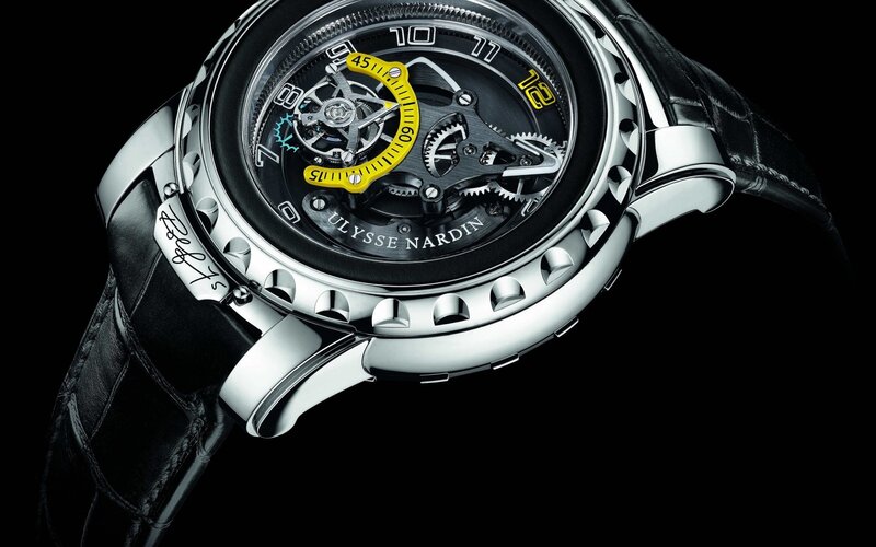 Mechanical Watch — Black, Dramatic, Photograph, Black Leather Strap, Yellow Accent, Gear Mechanism
