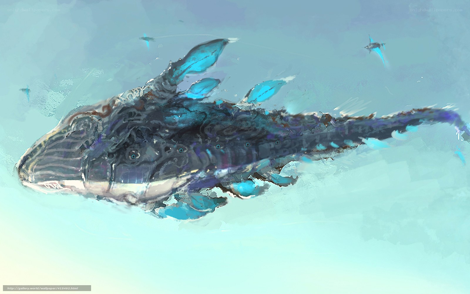 mechanical whale in blue water