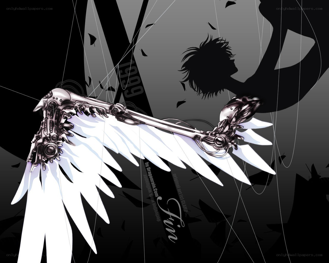 mechanical wings and silhouette