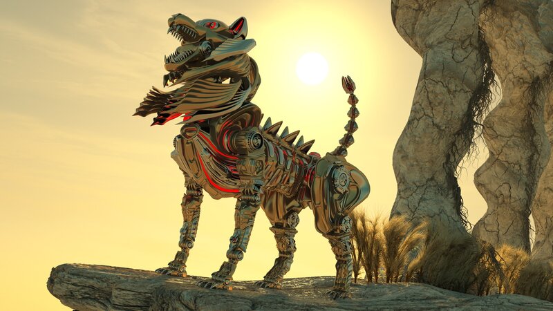 mechanical wolf statue at sunset