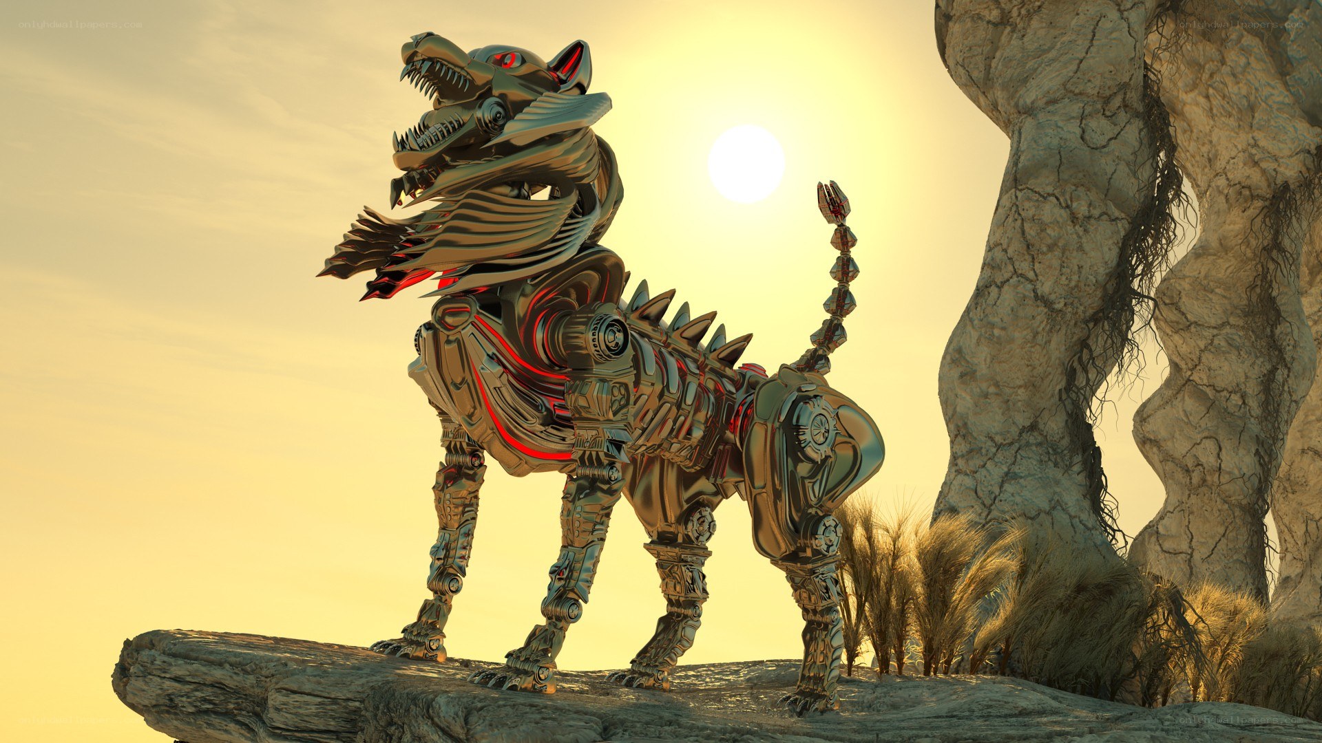 mechanical wolf statue at sunset