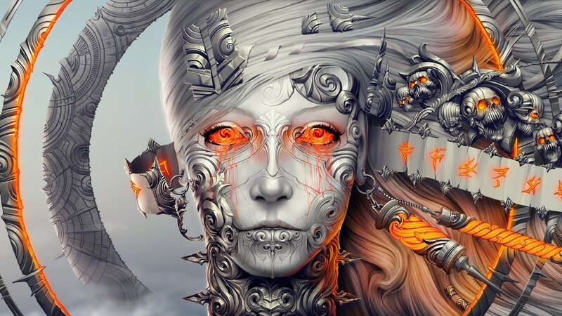 Mechanical Woman with Glowing Eyes — Gray, Dramatic, Digital Art