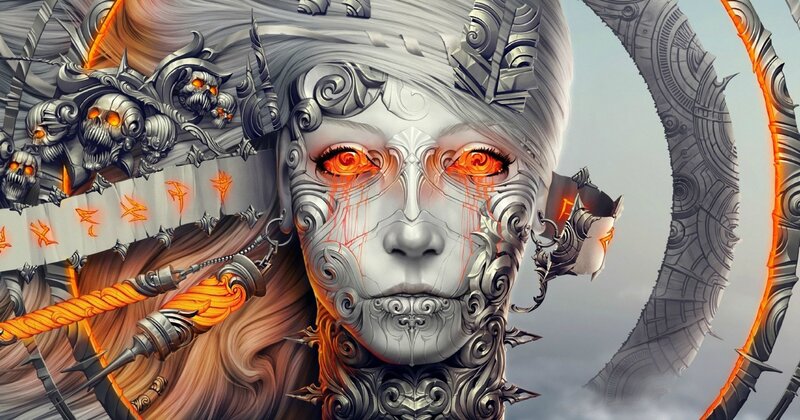 Mechanical Woman with Glowing Eyes — Gray, Dramatic