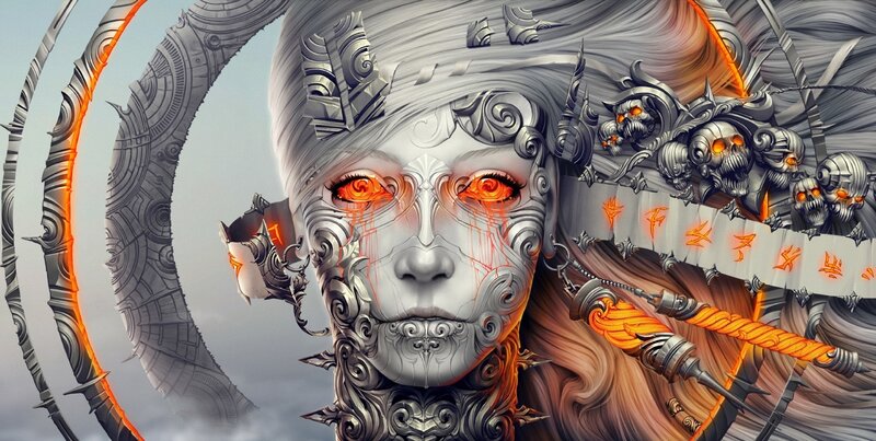 Mechanical Woman with Glowing Eyes — Gray