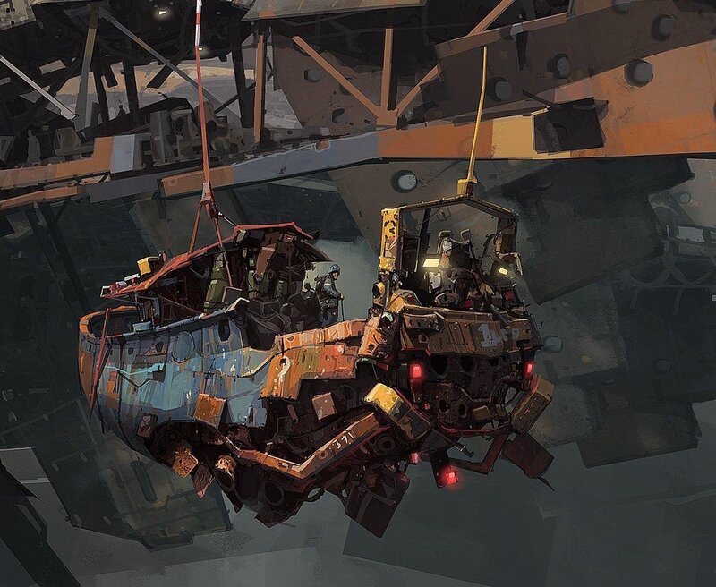 Mechanical wreckage in a hangar