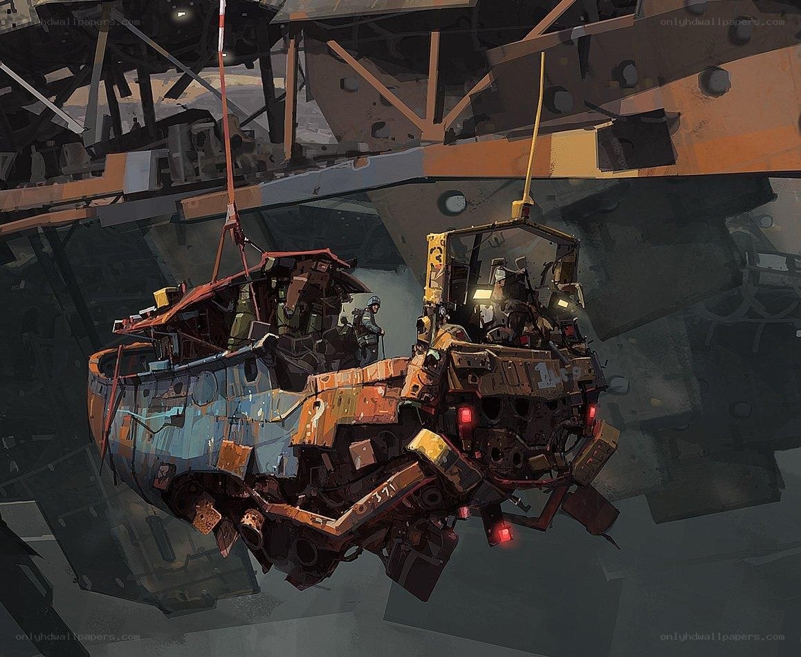 Mechanical wreckage in a hangar