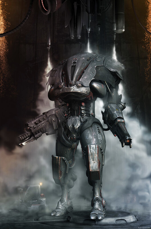 Mechanized Combat Robot — Gray, Dramatic, Digital Art