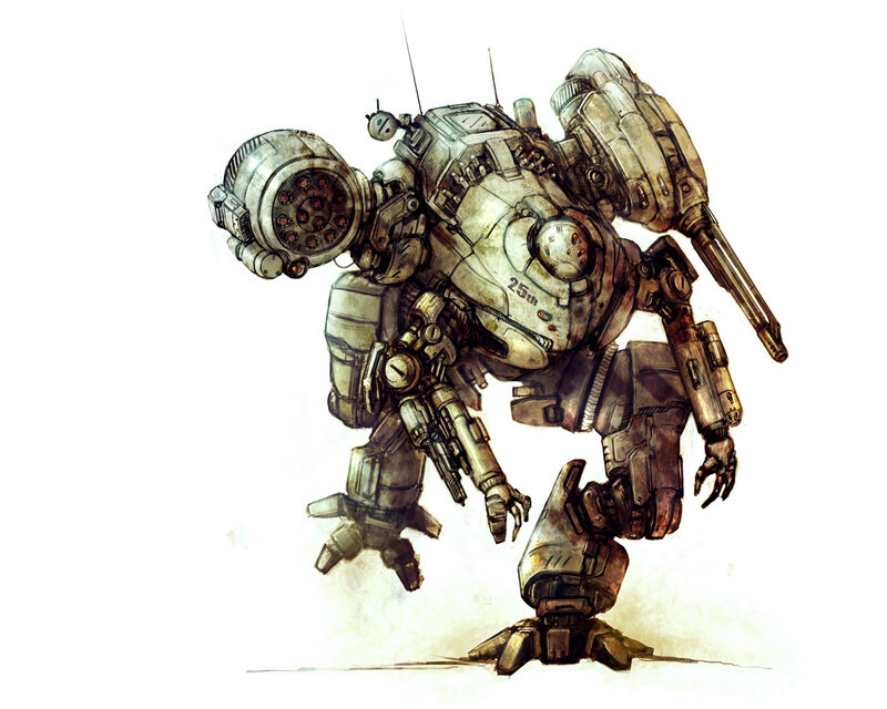 Mechanized Combat Robot — Gray, Dramatic, Digital Art, Weapon
