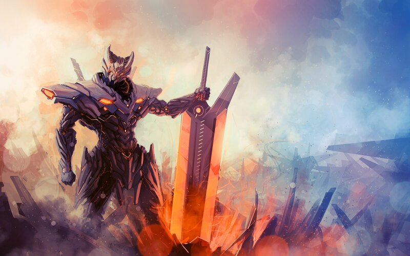Mechanized Warrior with Sword — Orange
