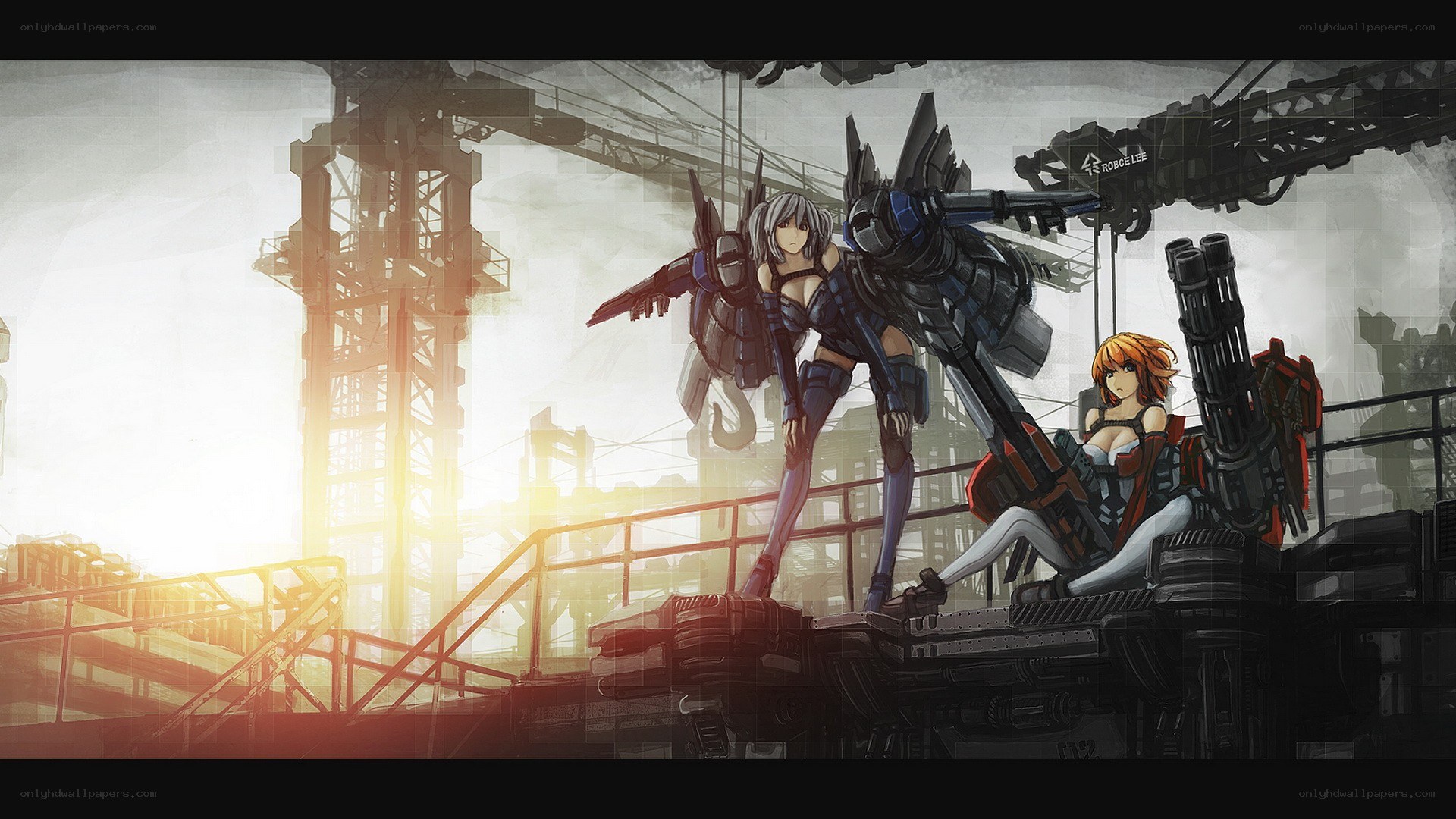 mechs and pilots at sunset