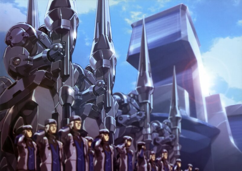 mechs and soldiers in formation