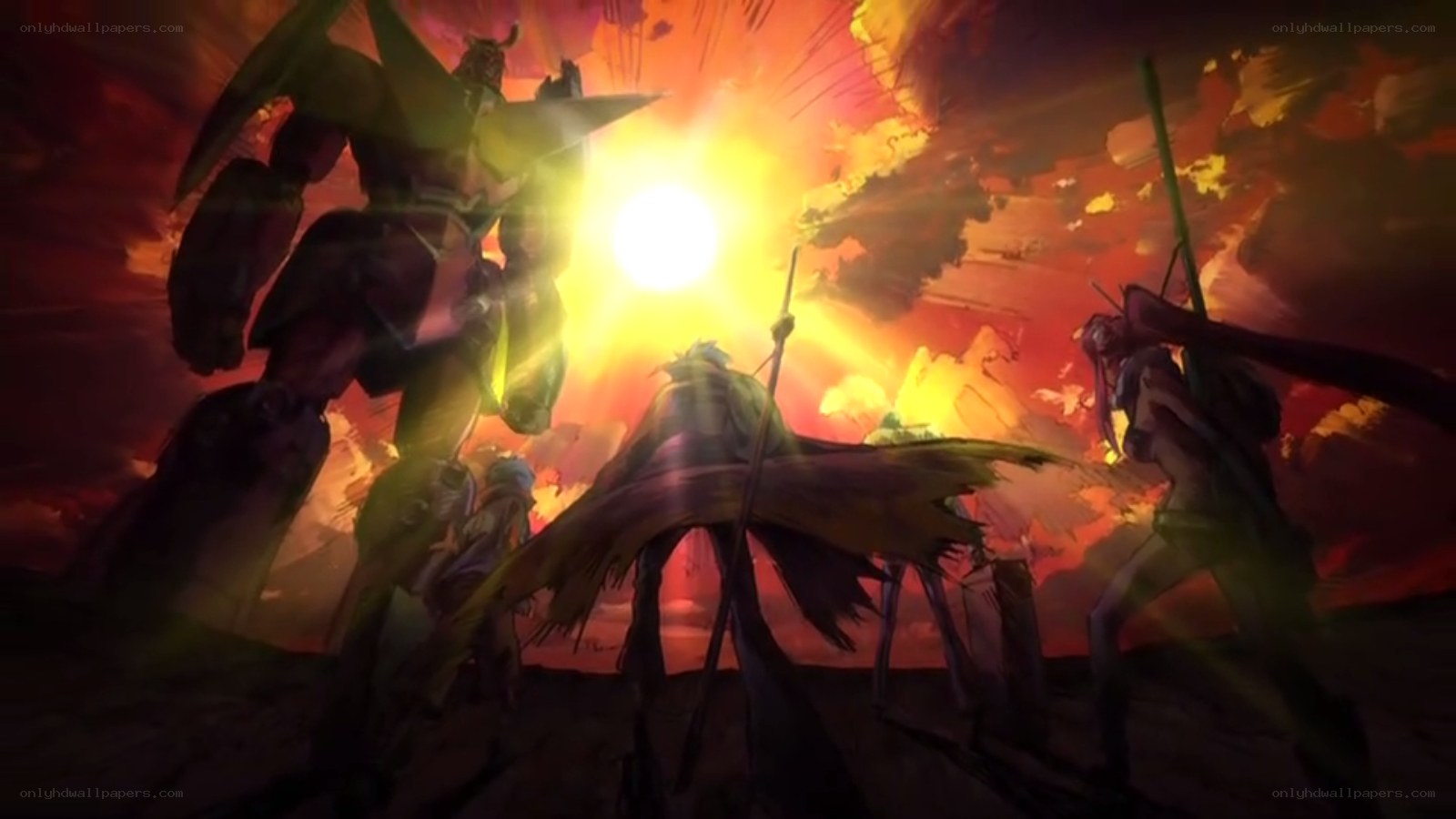 mechs and warriors at sunset