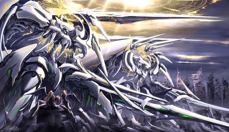 mechs and warriors in a futuristic battle