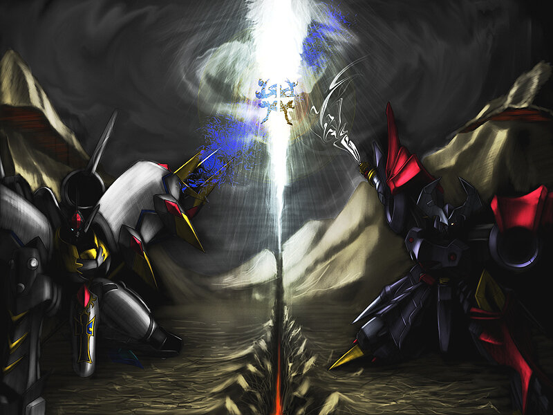 Mechs clash in a beam of light
