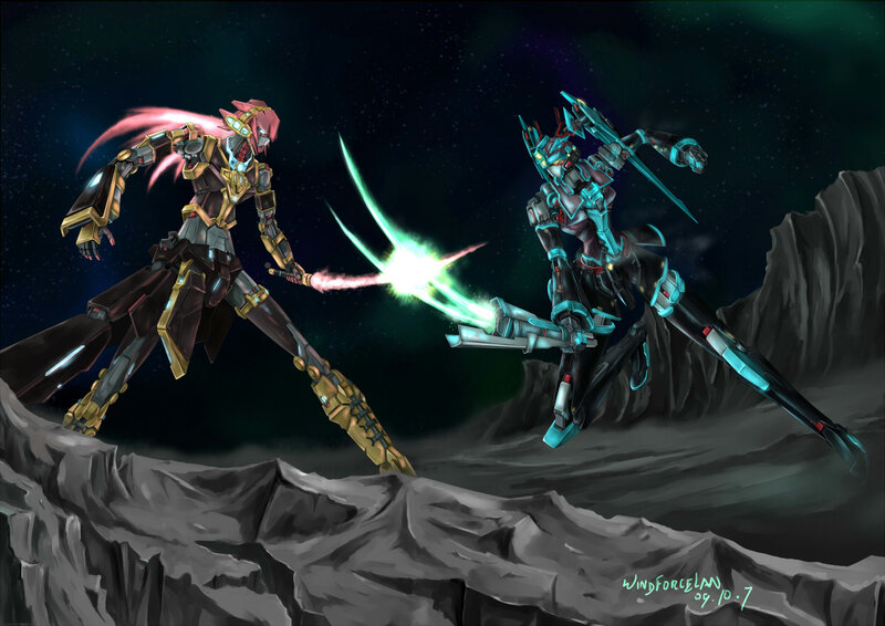 Mechs Fighting on Cliff