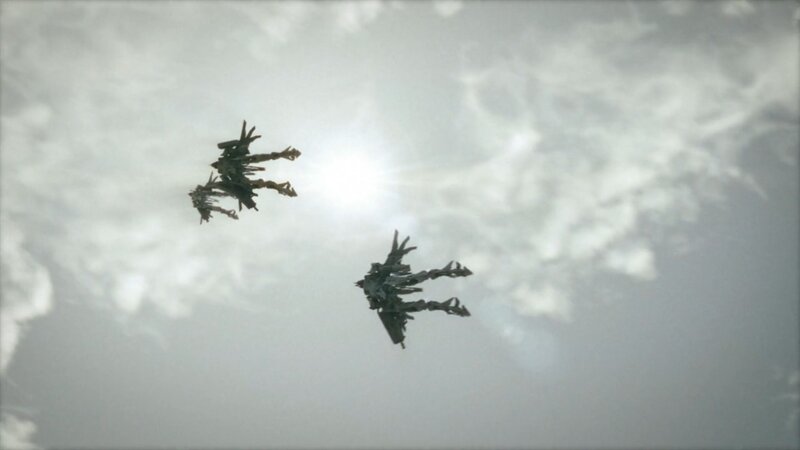 mechs flying in cloudy sky