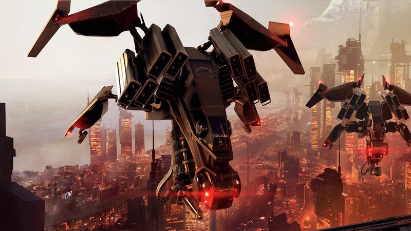 Mechs Flying over City