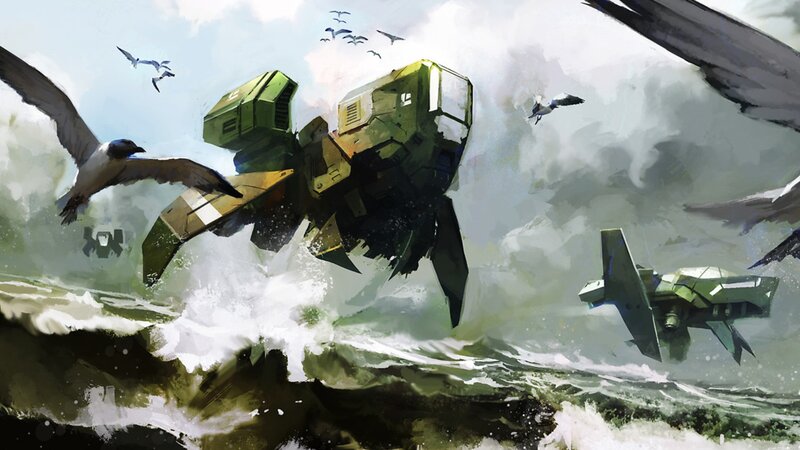 Mechs flying over stormy sea