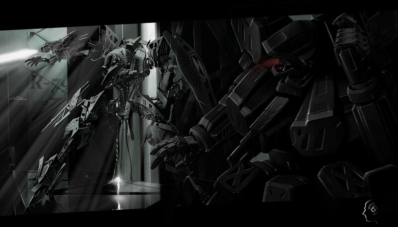 Mechs in a dark hangar