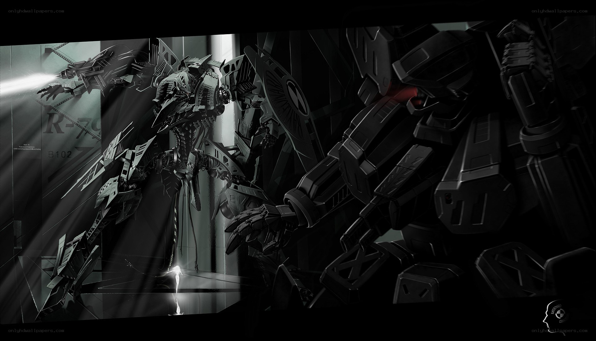 Mechs in a dark hangar
