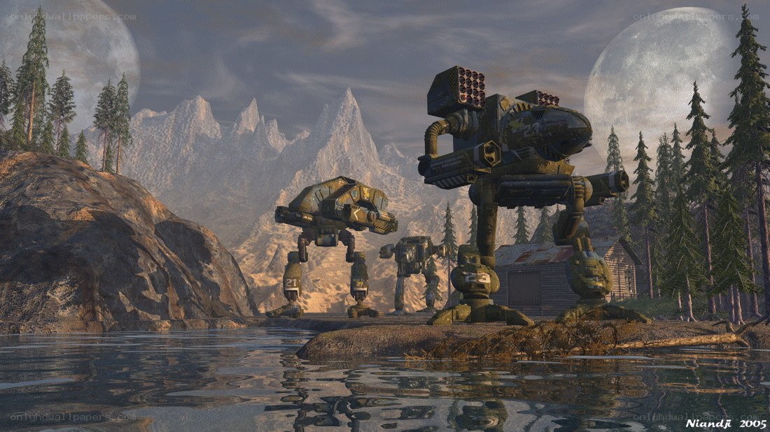 Mechs in a forest landscape