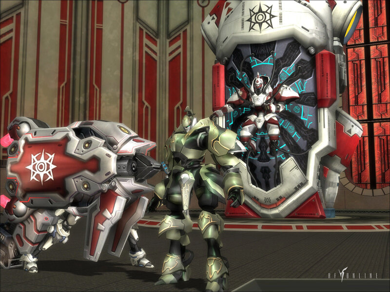 Mechs in a futuristic hangar