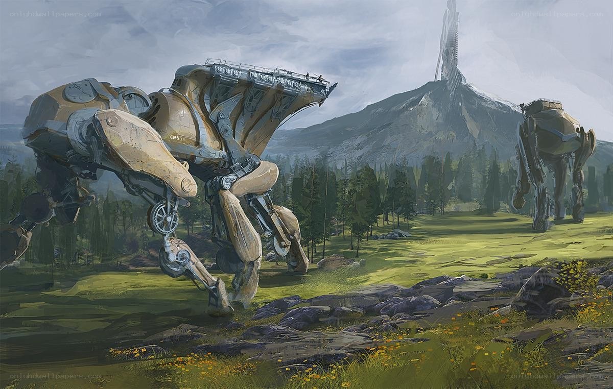 Mechs in a green valley