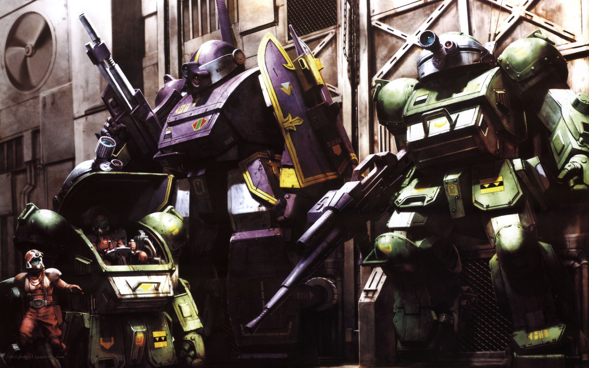 mechs in a military corridor