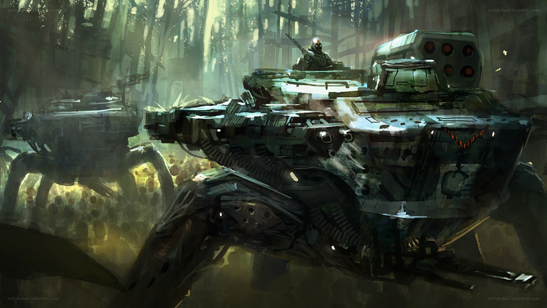 Mechs in a misty forest
