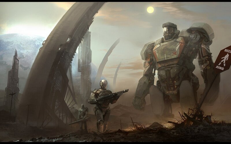 Mechs in a post-apocalyptic landscape