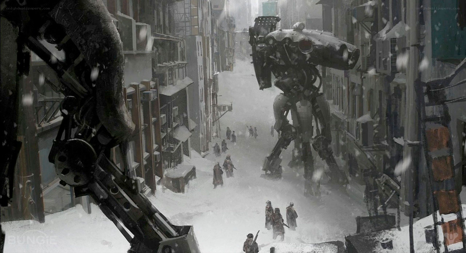 Mechs in a snowy city