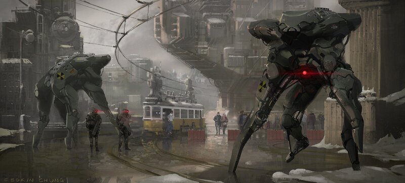 Mechs in City Street — Gray