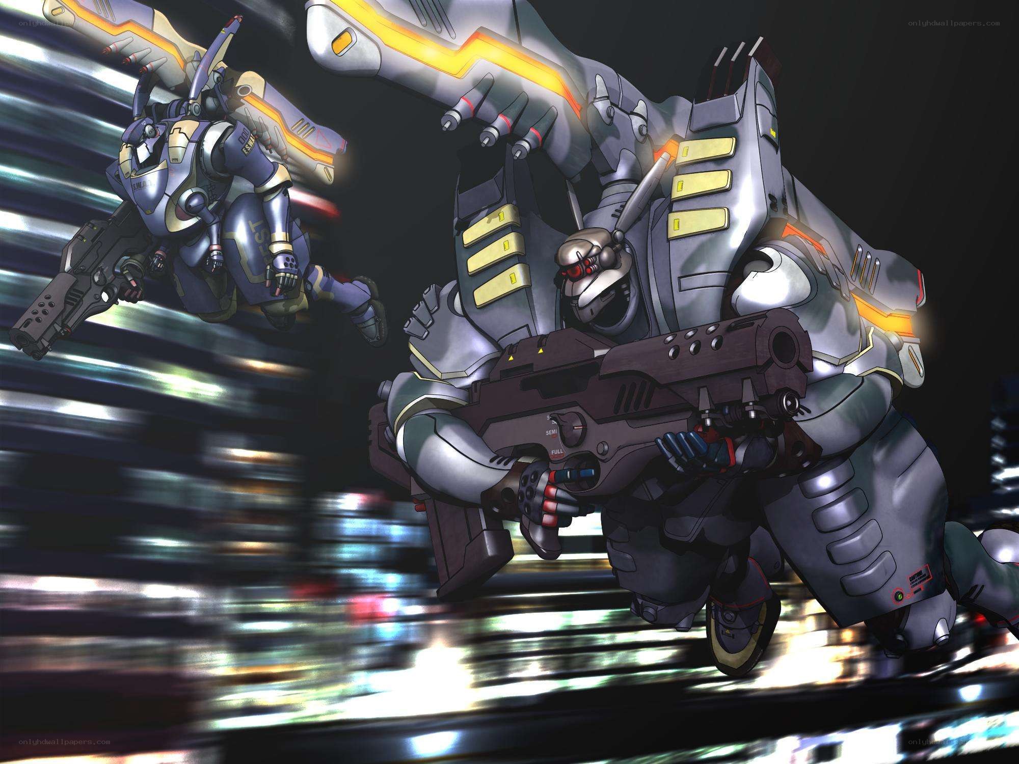Mechs in combat over city