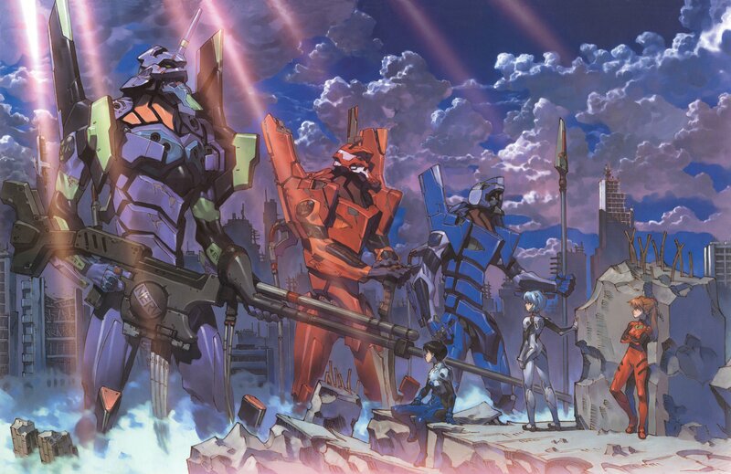 Mechs in Ruined City — Blue, Dramatic, Night, Anime, Robots, City Ruins