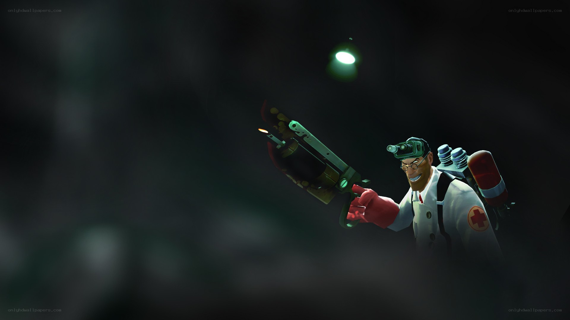 Medic with flamethrower in dark