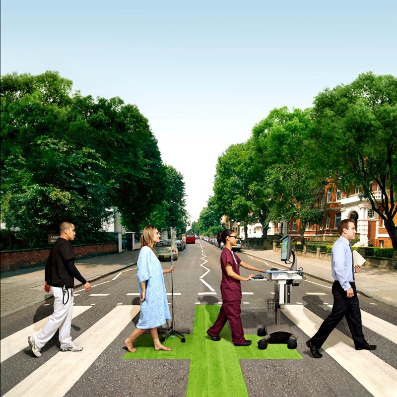 Medical staff crossing street
