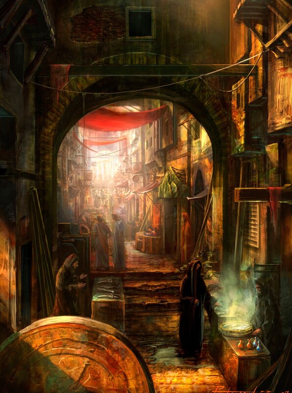 Medieval alley market scene