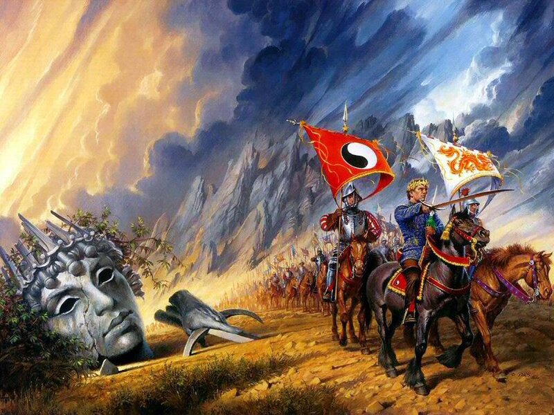 Medieval army marches past giant head